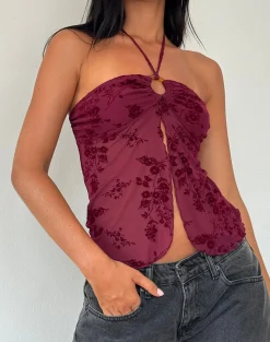 Motel Rocks Halterneck Tops | Strappy Tops-Janar Top in Botanical Flower Maroon BotanicalFlowerMaroon