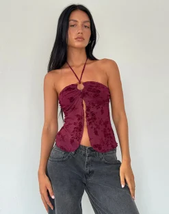 Motel Rocks Halterneck Tops | Strappy Tops-Janar Top in Botanical Flower Maroon BotanicalFlowerMaroon