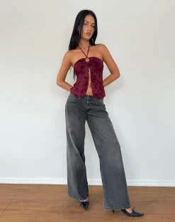 Motel Rocks Halterneck Tops | Strappy Tops-Janar Top in Botanical Flower Maroon BotanicalFlowerMaroon