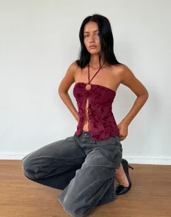 Motel Rocks Halterneck Tops | Strappy Tops-Janar Top in Botanical Flower Maroon BotanicalFlowerMaroon