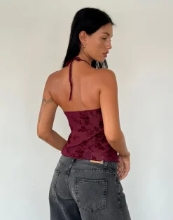 Motel Rocks Halterneck Tops | Strappy Tops-Janar Top in Botanical Flower Maroon BotanicalFlowerMaroon