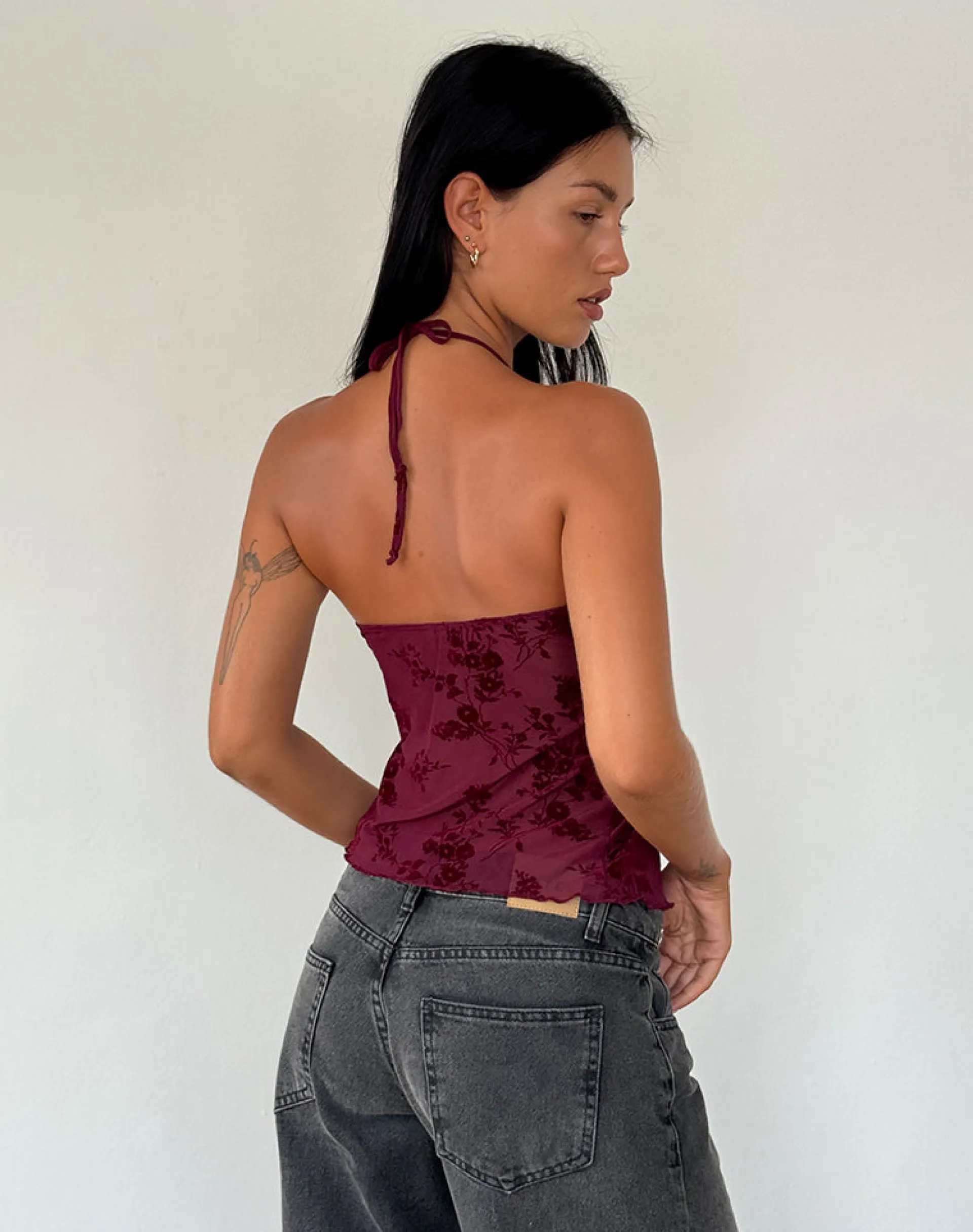 Motel Rocks Halterneck Tops | Strappy Tops-Janar Top in Botanical Flower Maroon BotanicalFlowerMaroon
