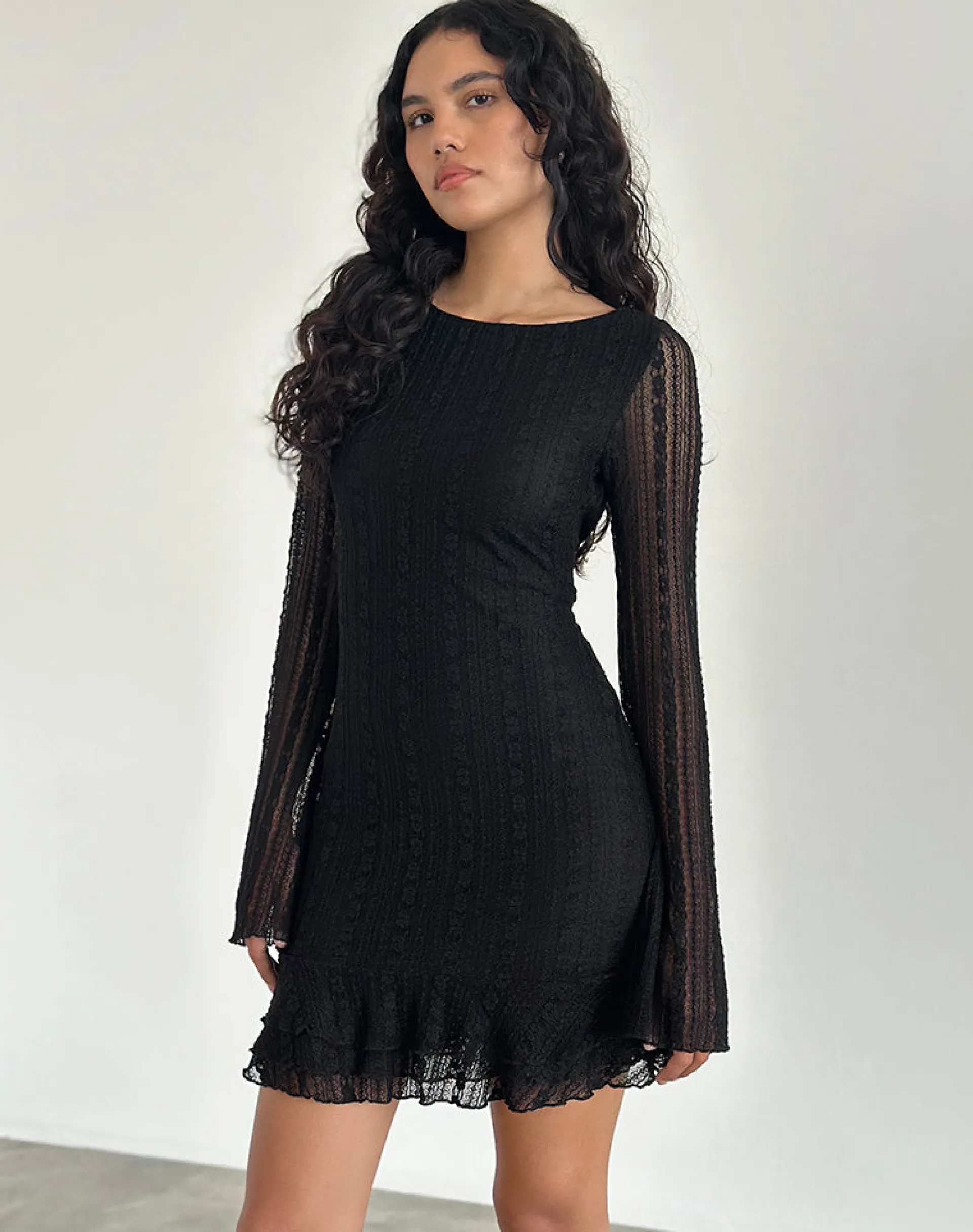 Motel Rocks Bodycon Dresses | Long Sleeve Dresses-Janawa Backless Mini Dress in Lace Black