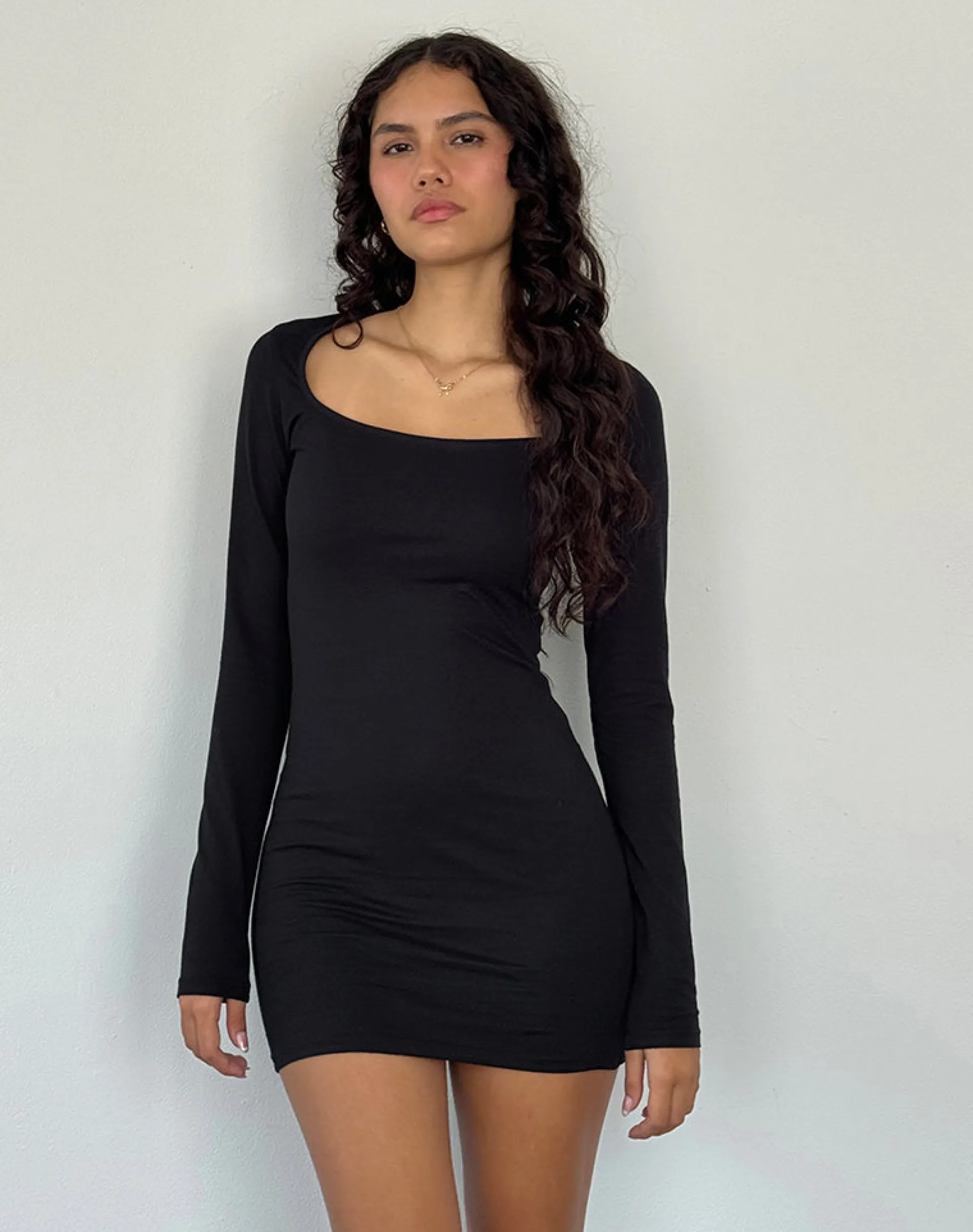 Motel Rocks Basics | Day Dresses-Janjisu Long Sleeve Lycra Bodycon Mini Dress in Black