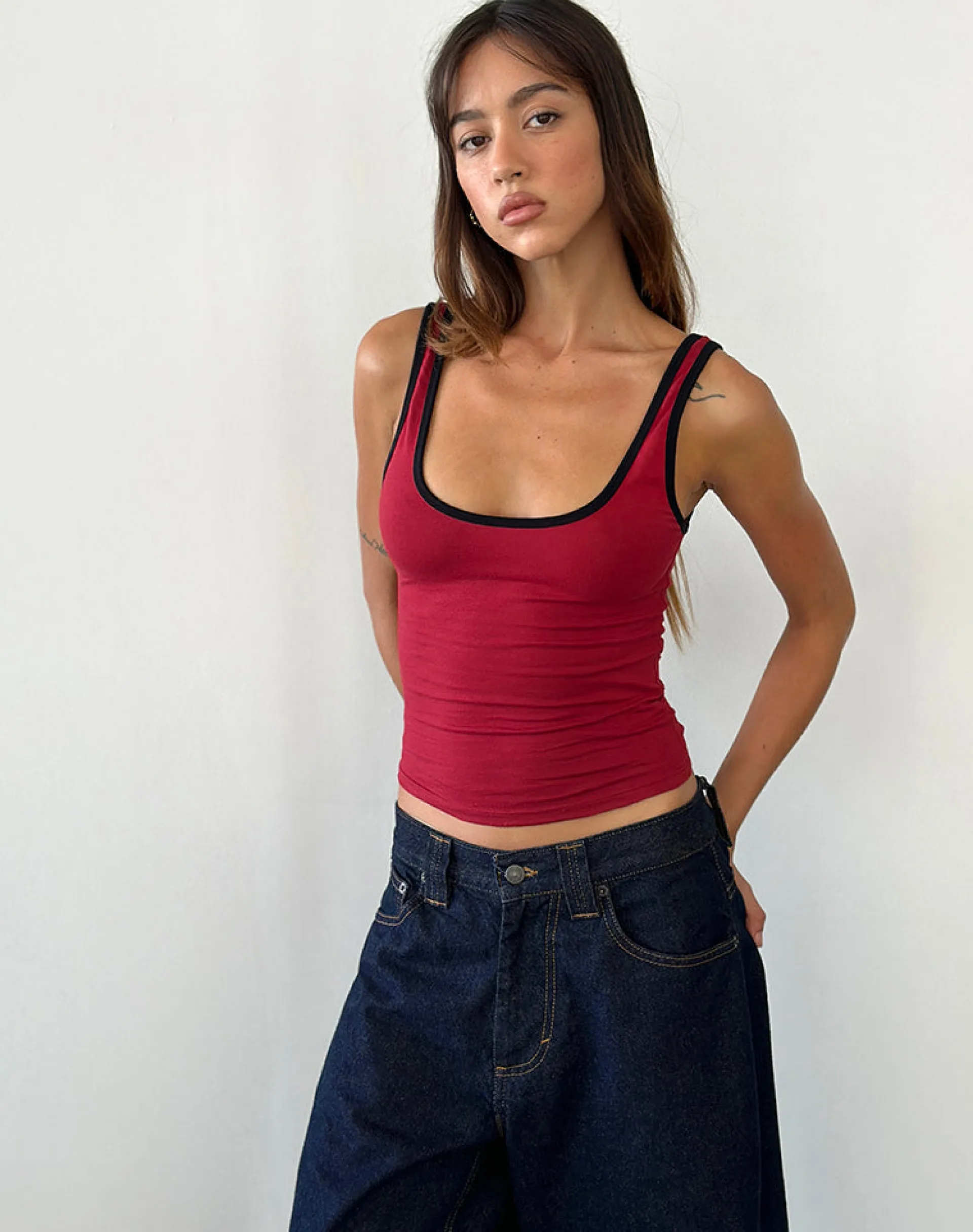 Motel Rocks Basic Tops | Vest Tops-Jastiya Top in Adrenaline Red with Black Binding AdrenalineRedwithBlackBinding