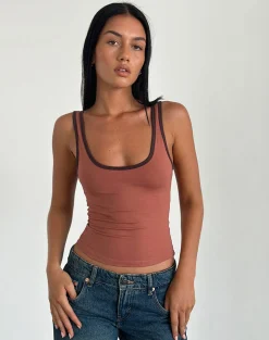 Motel Rocks Basic Tops | Strappy Tops-Jastiya Top in Brick with Brown Binding BrickwithBrownBinding