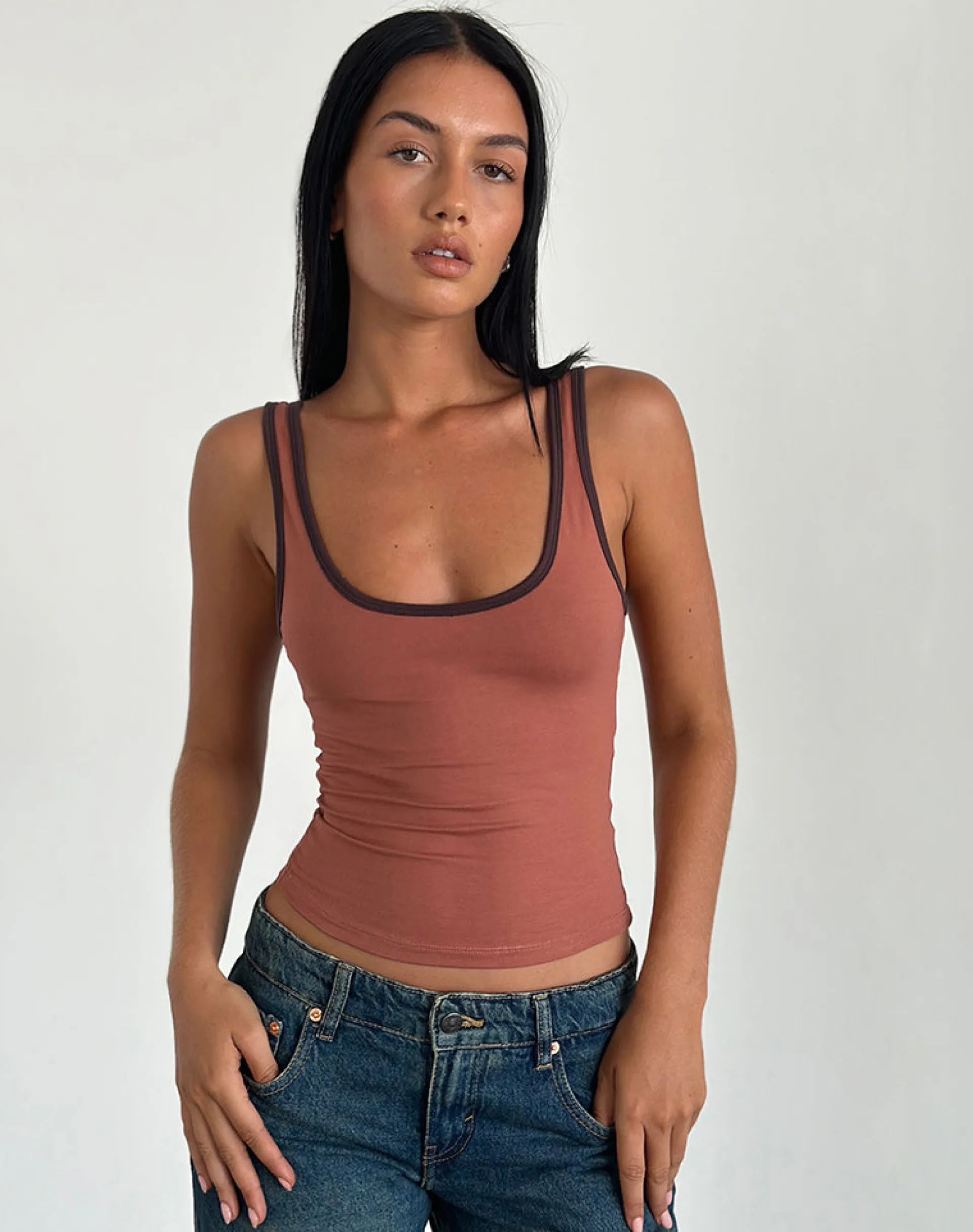 Motel Rocks Basic Tops | Strappy Tops-Jastiya Top in Brick with Brown Binding BrickwithBrownBinding