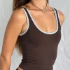 Motel Rocks Basic Tops | Vest Tops-Jastiya Top in Brown with Nantucket Blue Binding BrownwithNantucketBlueBinding