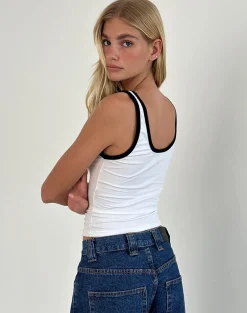 Motel Rocks Basic Tops | Vest Tops-Jastiya Vest Top in White with Black Binding WhitewithBlackBinding