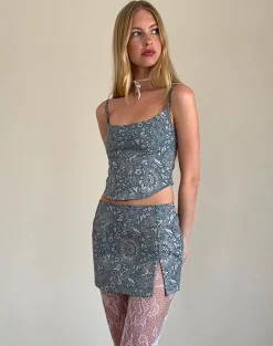 Motel Rocks Co-Ords | Printed Tops-Jatemi Corset Top in Blue Ornate Print