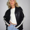 Motel Rocks Pu Jackets-Javana Zip Up Jacket in PU Black with Beige Stripe