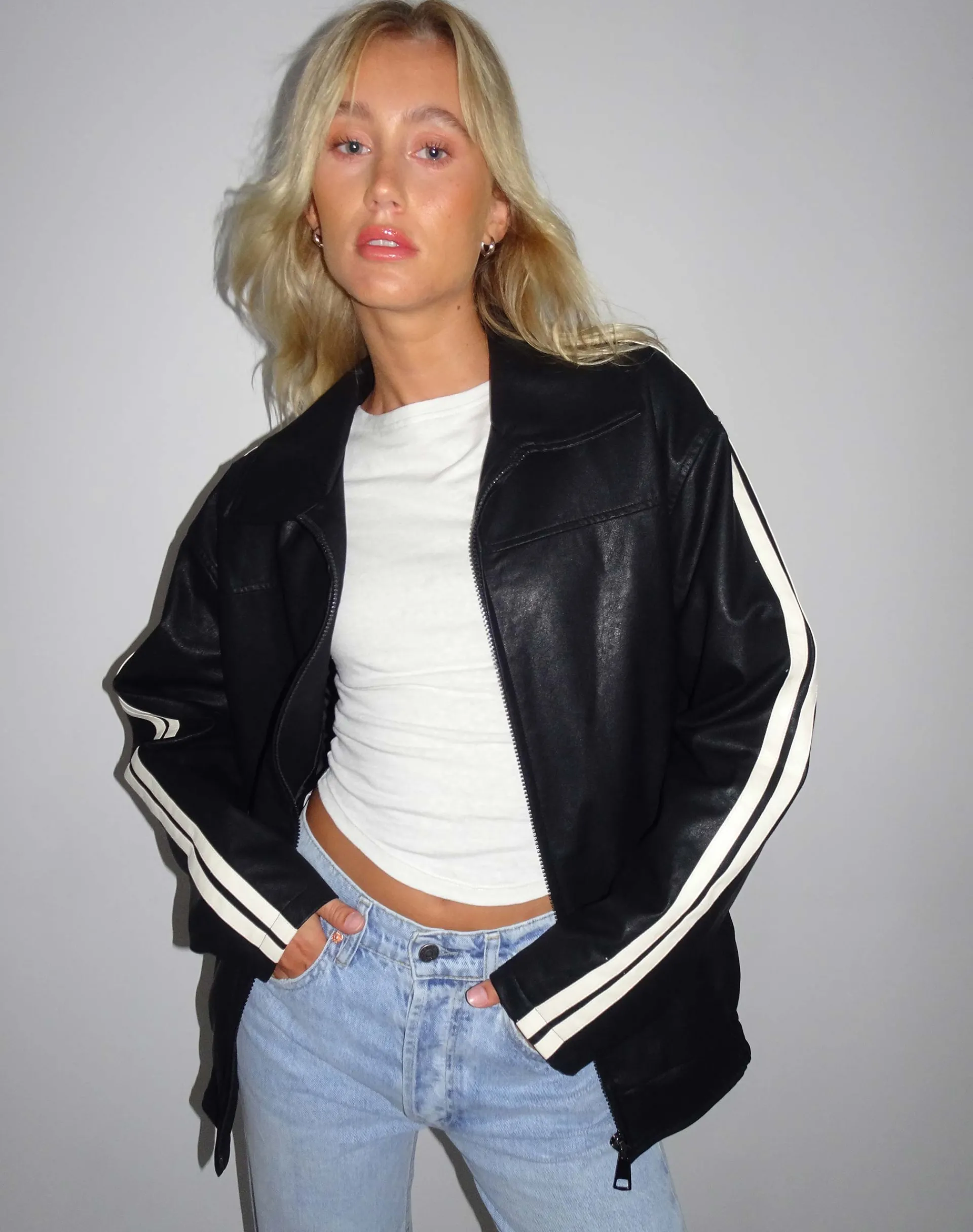 Motel Rocks Pu Jackets-Javana Zip Up Jacket in PU Black with Beige Stripe