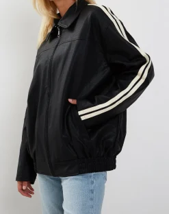 Motel Rocks Pu Jackets-Javana Zip Up Jacket in PU Black with Beige Stripe