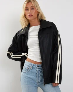 Motel Rocks Pu Jackets-Javana Zip Up Jacket in PU Black with Beige Stripe