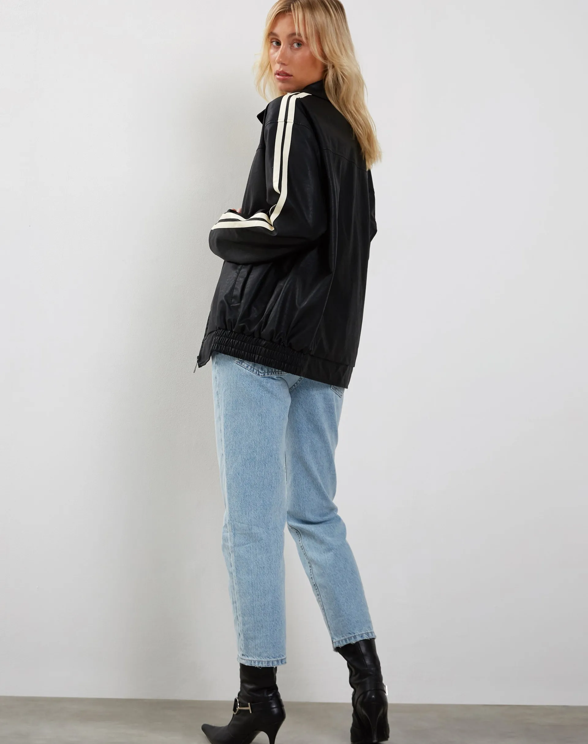Motel Rocks Pu Jackets-Javana Zip Up Jacket in PU Black with Beige Stripe