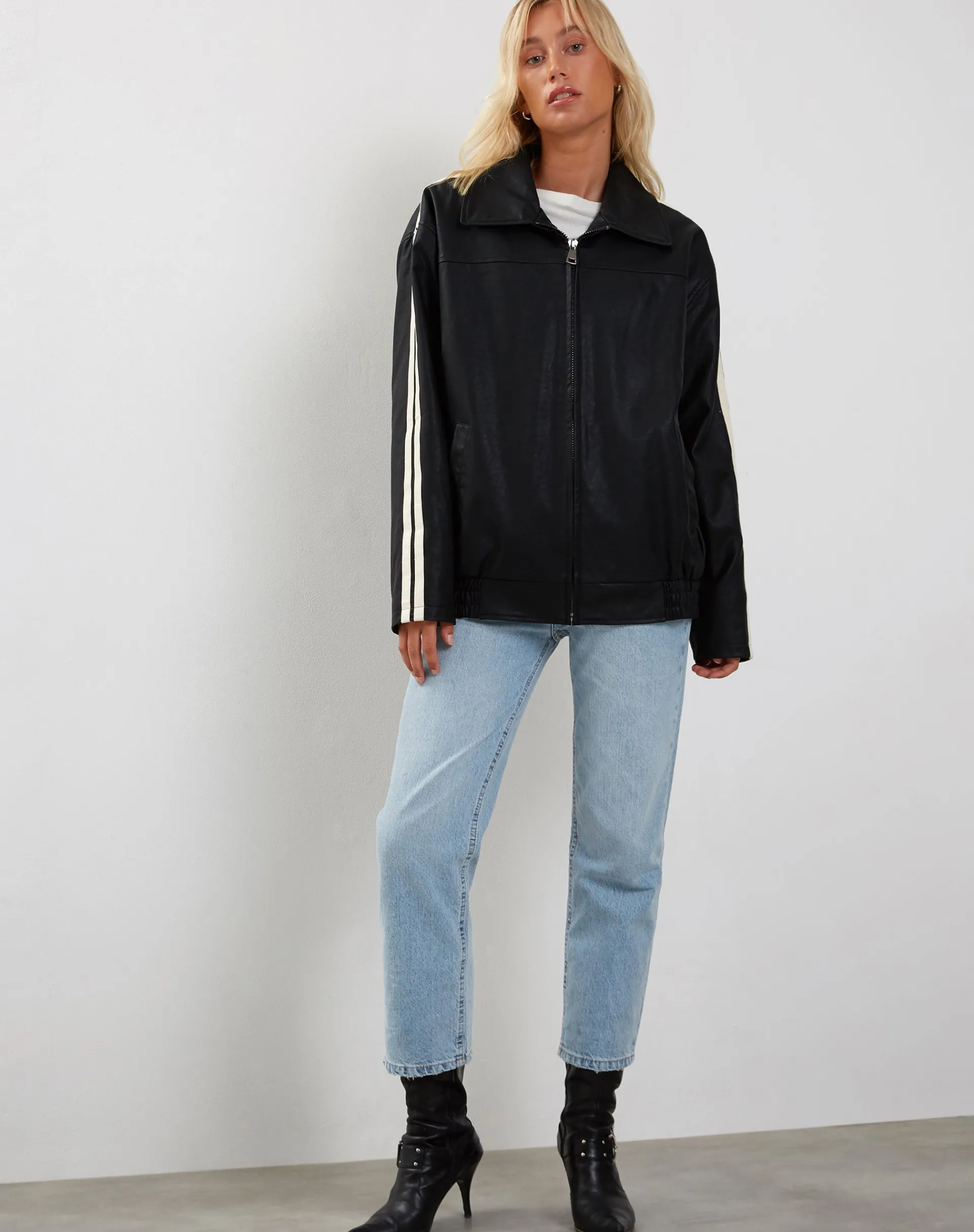 Motel Rocks Pu Jackets-Javana Zip Up Jacket in PU Black with Beige Stripe