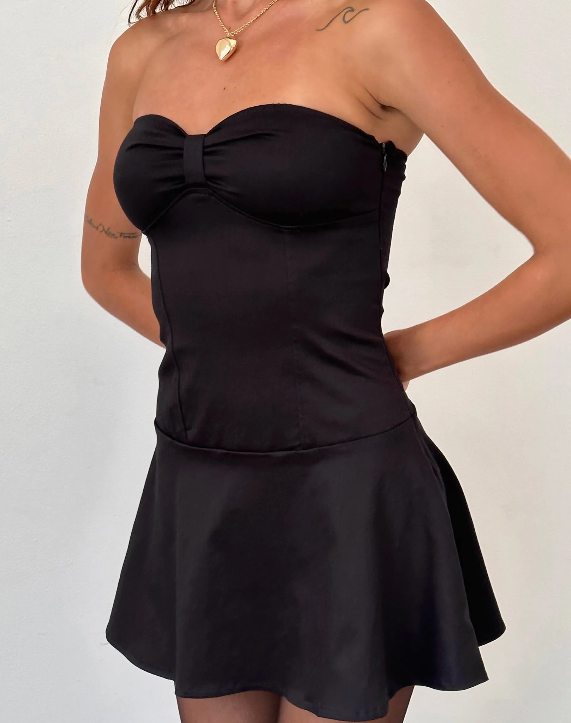 Motel Rocks Little Black Dresses | Mini Dresses-Javas Bandeau Mini Dress in Black Sateen