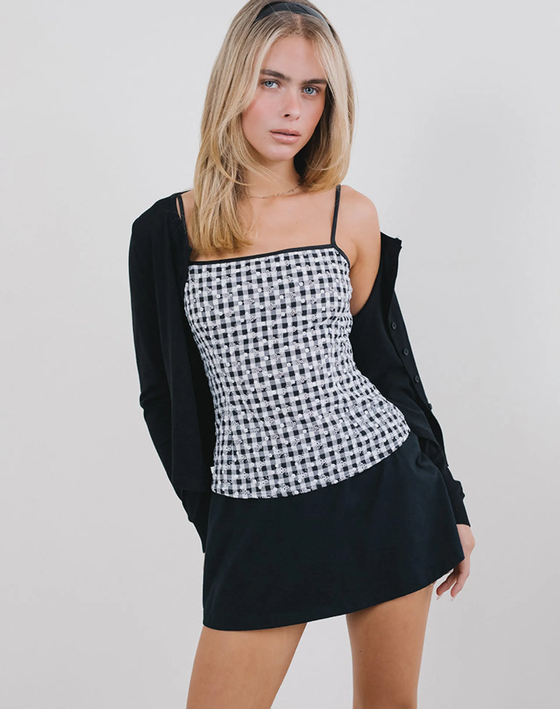 Motel Rocks Corset Tops | Strappy Tops-Jeiha Cami Top in Floral Gingham Black