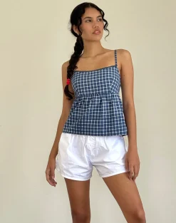Motel Rocks Strappy Tops | Going Out Tops-Jeju Top in Navy Tartan Poplin
