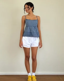 Motel Rocks Strappy Tops | Going Out Tops-Jeju Top in Navy Tartan Poplin