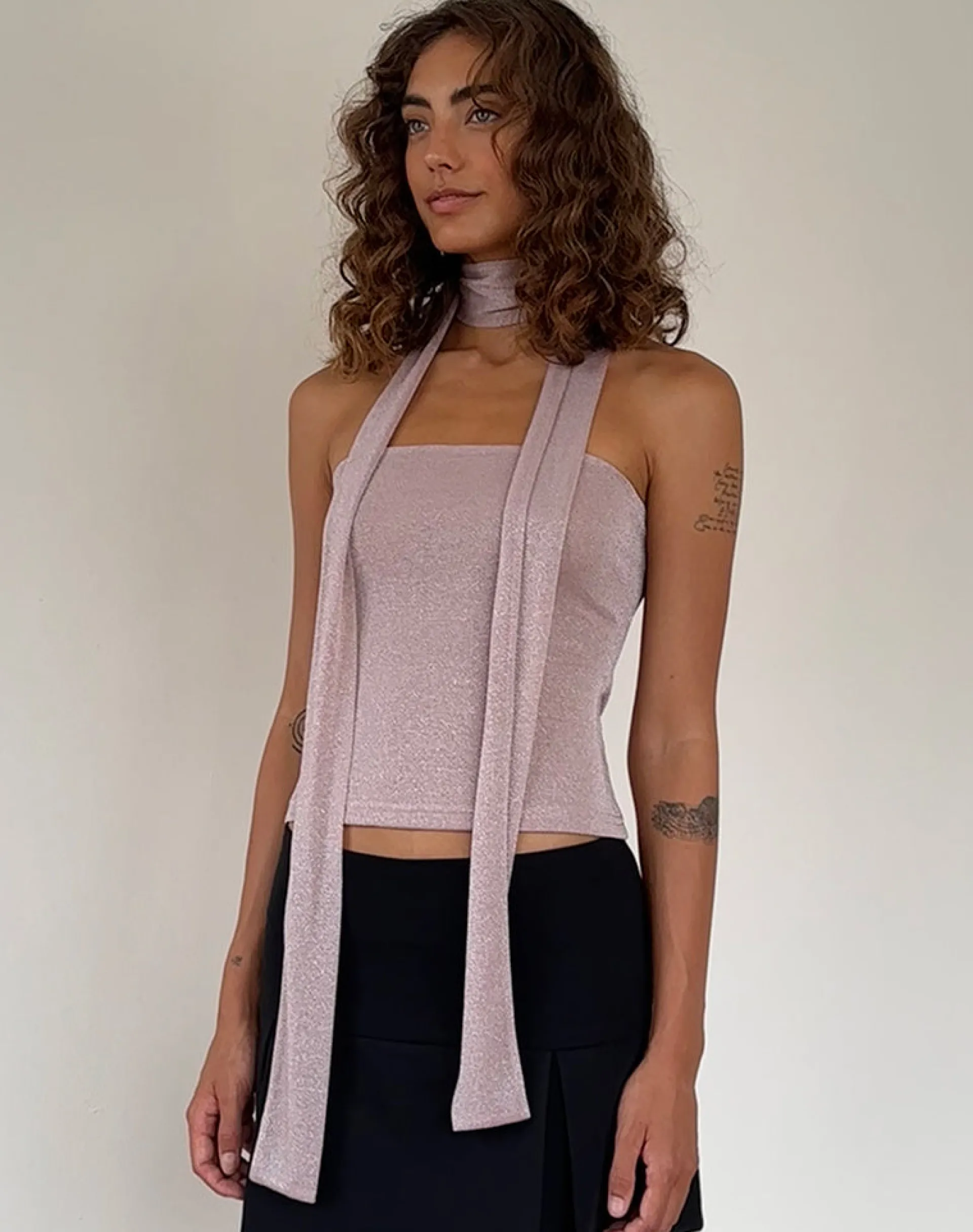 Motel Rocks Bandeau Tops-Jeldia Bandeau Top and Scarf Set in Pink Shimmer PinkShimmer