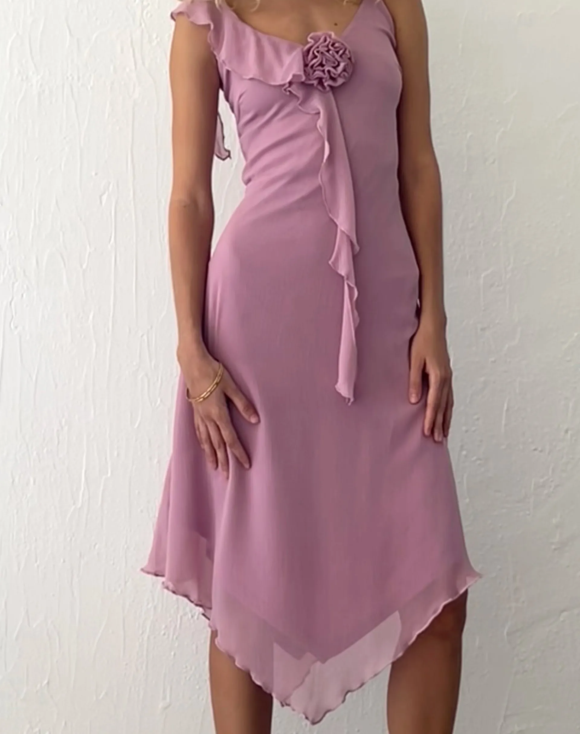 Motel Rocks Midi Dresses-Jenani Rosette Ruffle Midi Dress in Light Plum