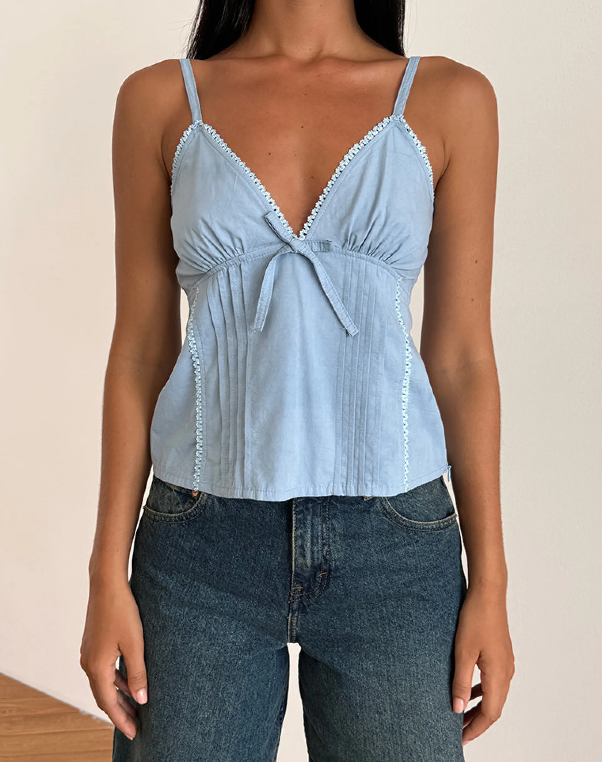 Motel Rocks Basic Tops | Strappy Tops-Jepuni Cami Top in Nantucket Blue Poplin NantucketBluePoplin