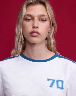 Motel Rocks Tees-Jihan Top in Off White with Mediterranean Blue Binding