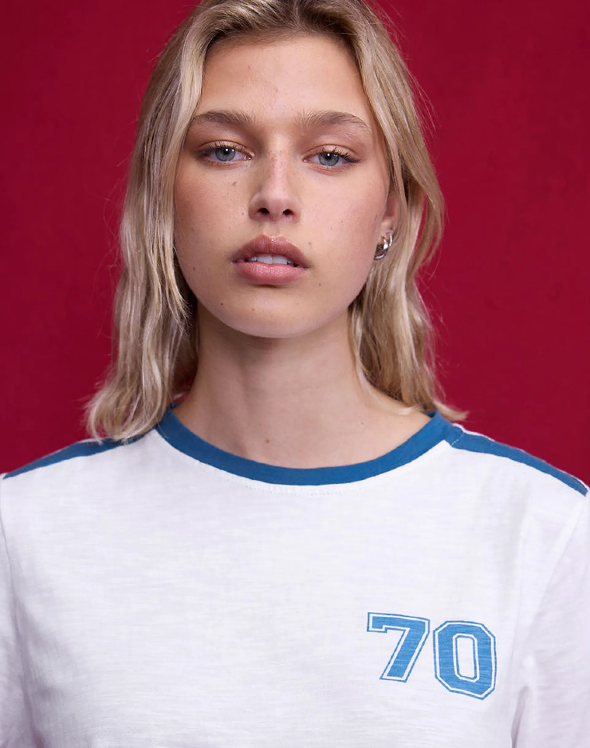 Motel Rocks Tees-Jihan Top in Off White with Mediterranean Blue Binding