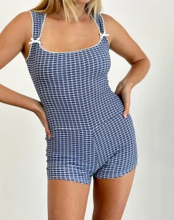 Motel Rocks Jumpsuits & Rompers-Jilia Playsuit in Crinkle Deep Blue with Bow