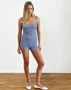 Motel Rocks Jumpsuits & Rompers-Jilia Playsuit in Crinkle Deep Blue with Bow
