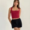 Motel Rocks Basic Tops | Vest Tops-Jinila Top In Adrenaline Red With Lace Trim And Bow AdrenalineRedWithLaceTrimAndBow