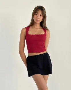 Motel Rocks Basic Tops | Vest Tops-Jinila Top In Adrenaline Red With Lace Trim And Bow AdrenalineRedWithLaceTrimAndBow