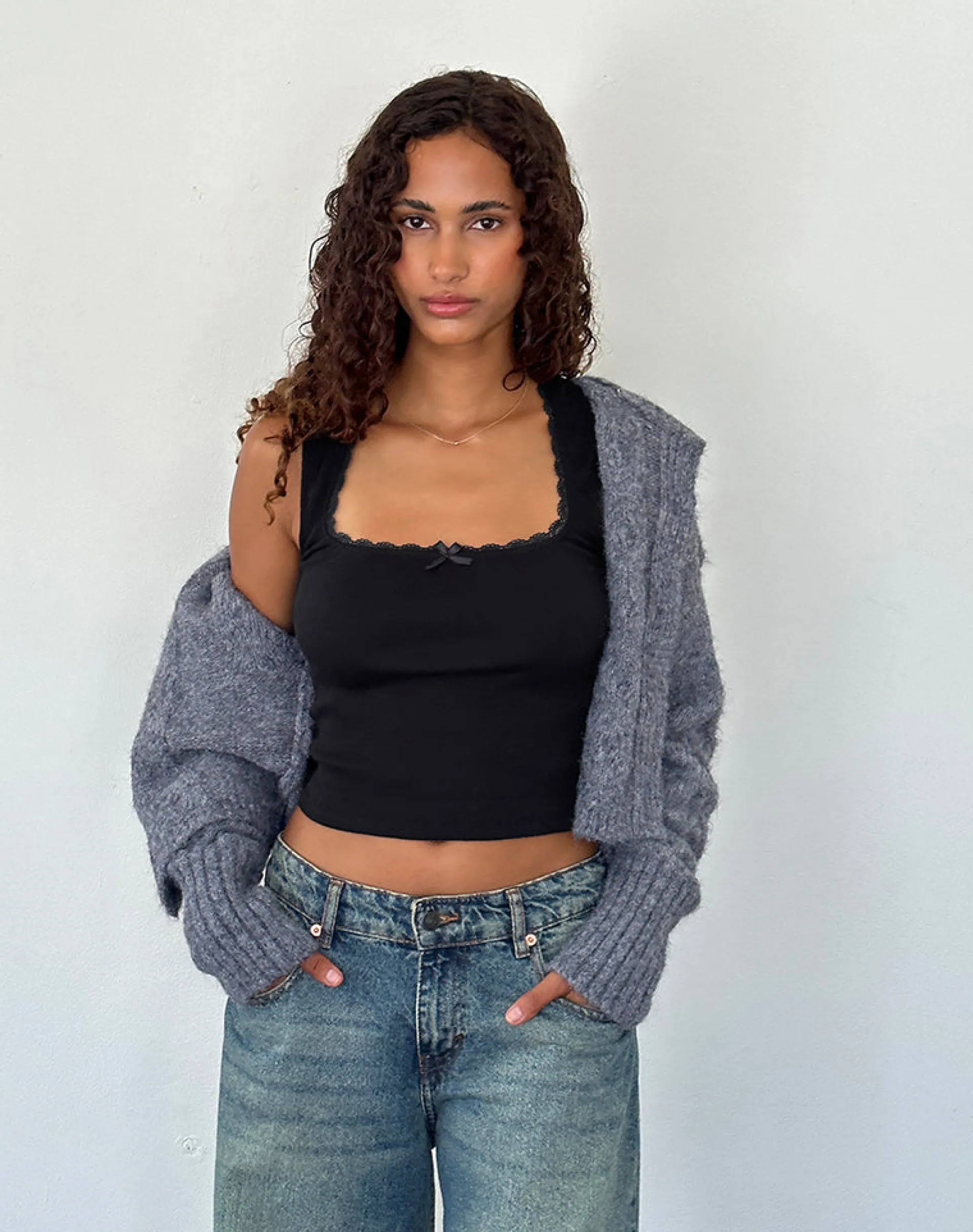 Motel Rocks Basics | Basic Tops-Jinila Top in Black with Lace Trim and Bow BlackwithLaceTrimandBow