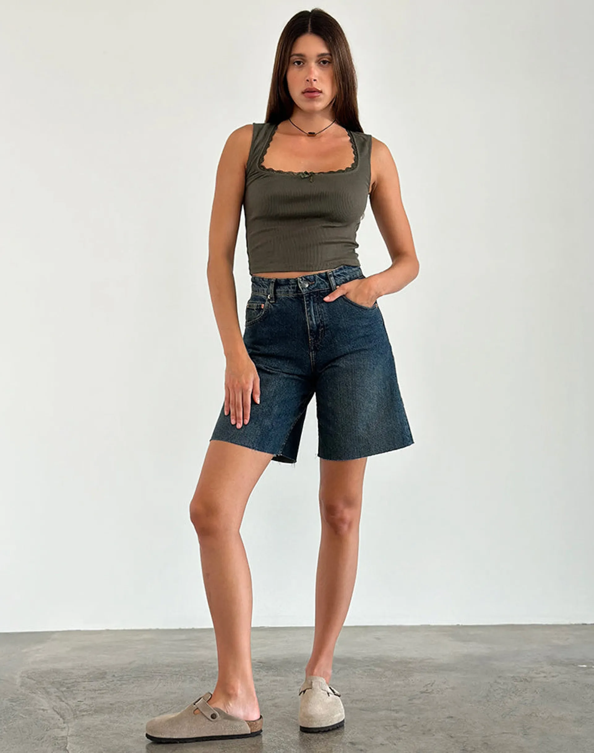 Motel Rocks Basic Tops | Vest Tops-Jinila Top in Olive with Lace Trim and Bow OlivewithLaceTrimandBow