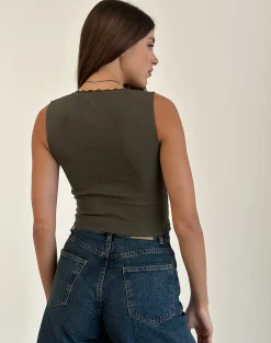 Motel Rocks Basic Tops | Vest Tops-Jinila Top in Olive with Lace Trim and Bow OlivewithLaceTrimandBow