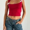 Motel Rocks Basic Tops | Vest Tops-Jiniso Crop Top in Adrenaline Red with Pink Bows AdrenalineRedwithPinkBows