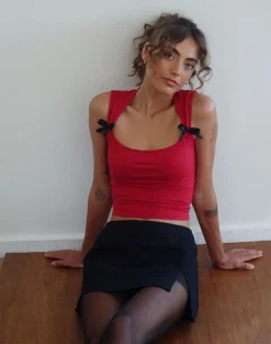Motel Rocks Basic Tops | Vest Tops-Jiniso Crop Top in Adrenaline Red with Black Bows AdrenalineRedwithBlackBows
