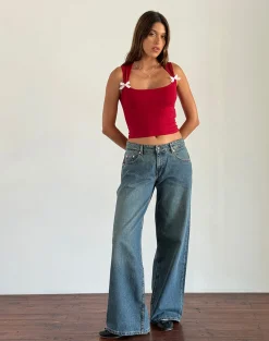 Motel Rocks Basic Tops | Vest Tops-Jiniso Crop Top in Adrenaline Red with Pink Bows AdrenalineRedwithPinkBows