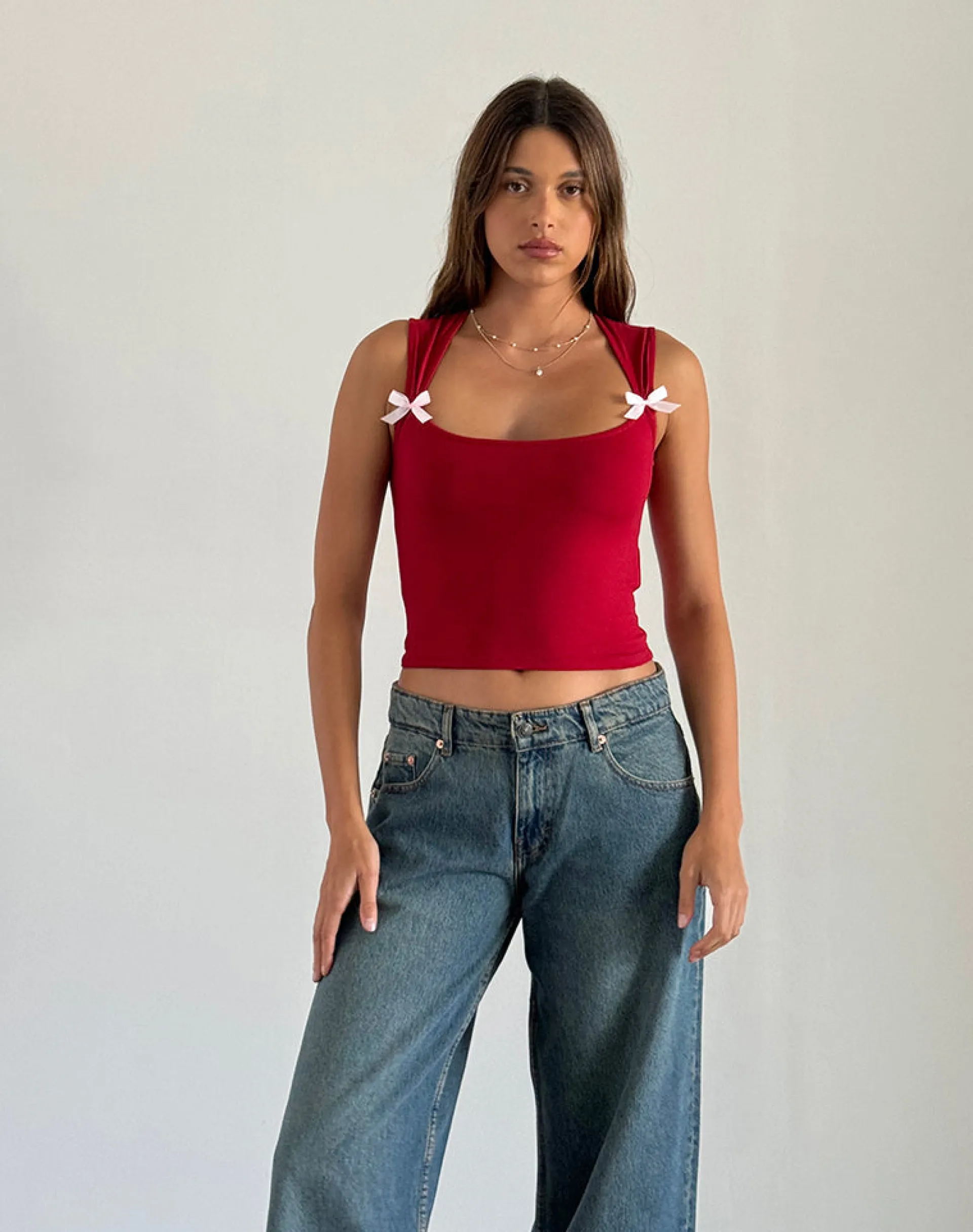 Motel Rocks Basic Tops | Vest Tops-Jiniso Crop Top in Adrenaline Red with Pink Bows AdrenalineRedwithPinkBows