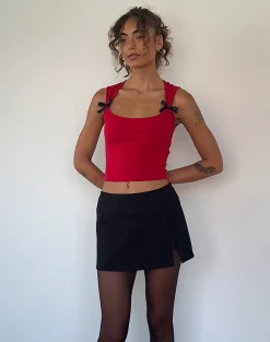 Motel Rocks Basic Tops | Vest Tops-Jiniso Crop Top in Adrenaline Red with Black Bows AdrenalineRedwithBlackBows
