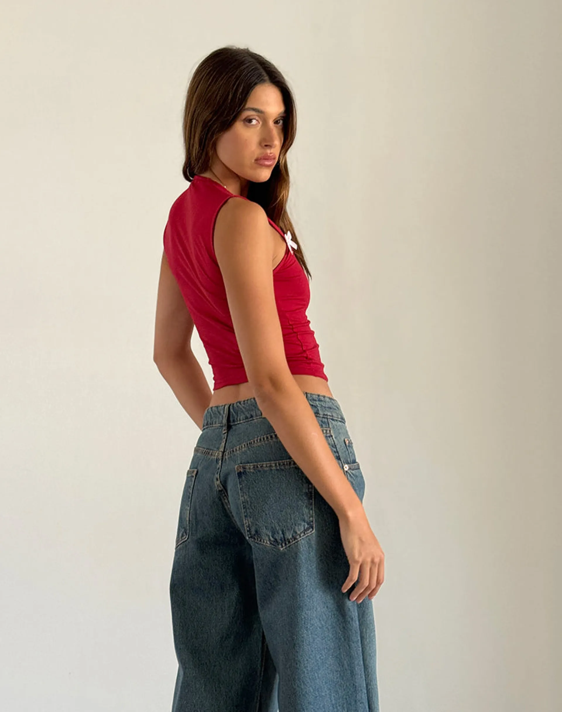 Motel Rocks Basic Tops | Vest Tops-Jiniso Crop Top in Adrenaline Red with Pink Bows AdrenalineRedwithPinkBows