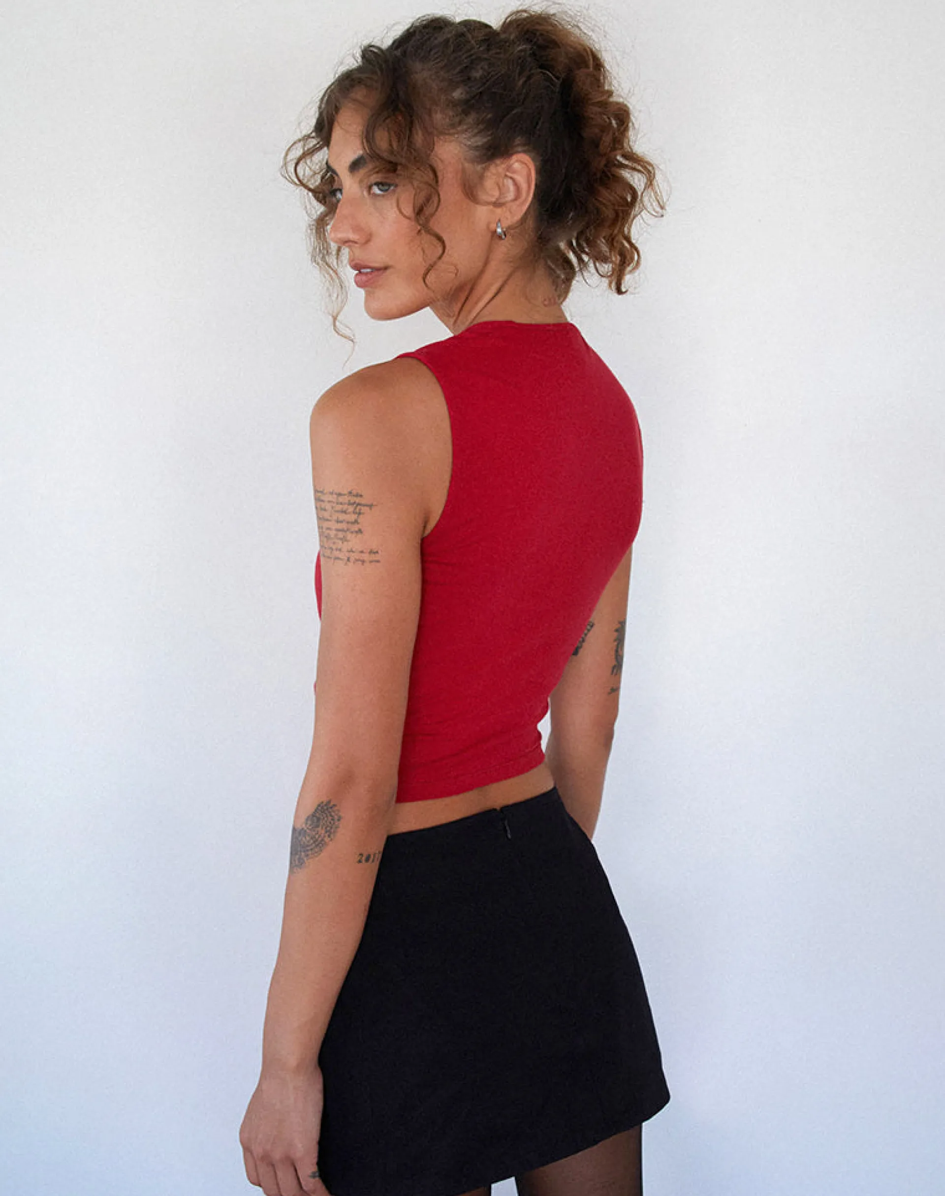 Motel Rocks Basic Tops | Vest Tops-Jiniso Crop Top in Adrenaline Red with Black Bows AdrenalineRedwithBlackBows