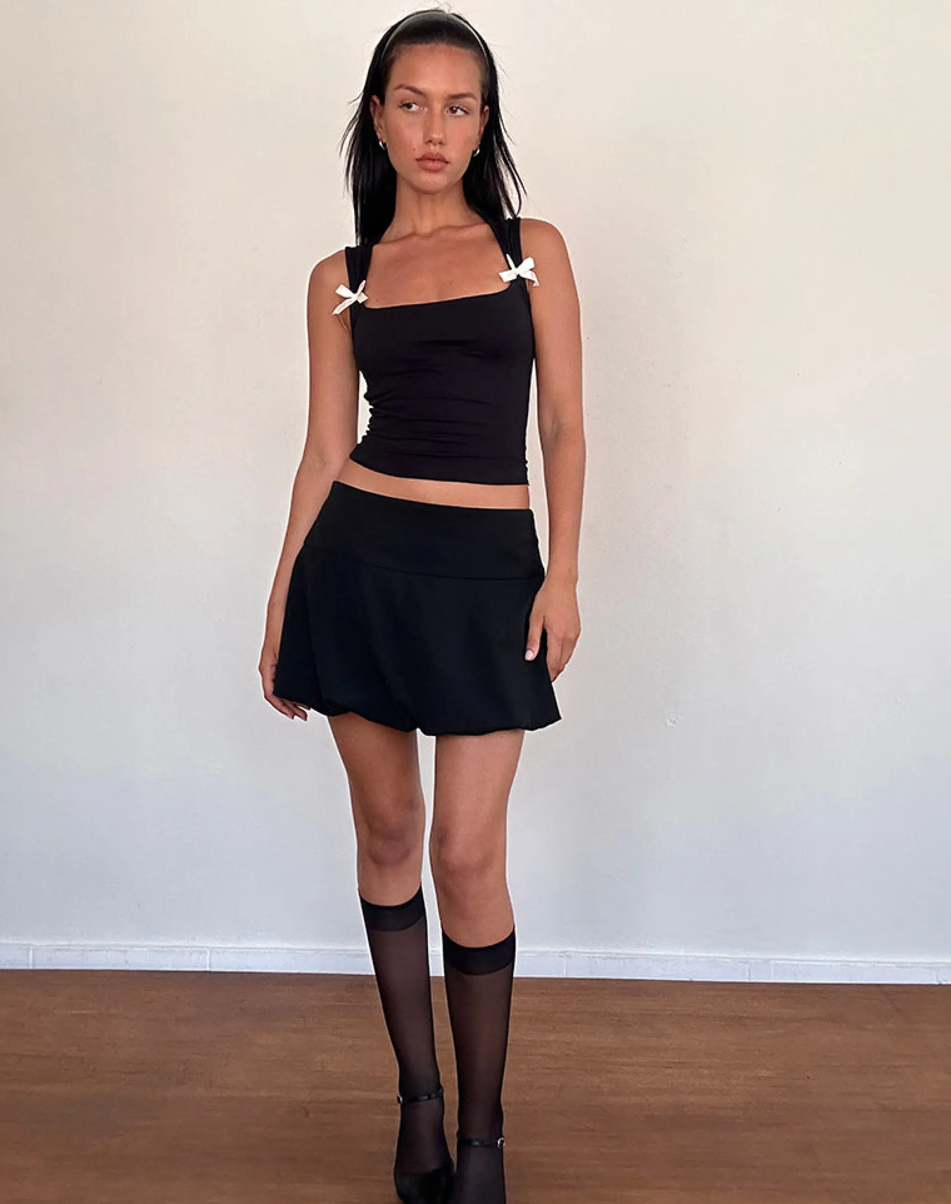 Motel Rocks Basic Tops | Vest Tops-Jiniso Crop Top in Black with Ivory Bows BlackwithIvoryBows