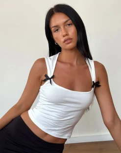 Motel Rocks Basics | Basic Tops-Jiniso Crop Top in Off White with Black Bows OffWhitewithBlackBows