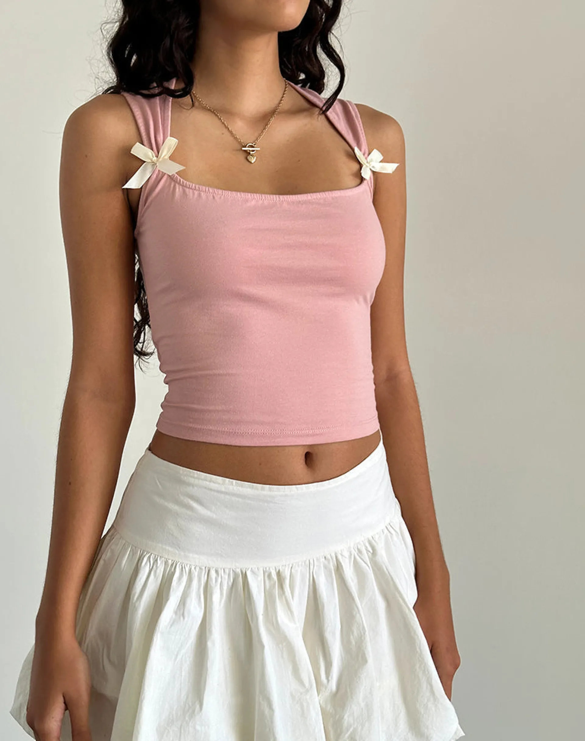 Motel Rocks Basics | Basic Tops-Jiniso Crop Top in Pink Lady with Ivory Bows PinkLadywithIvoryBows