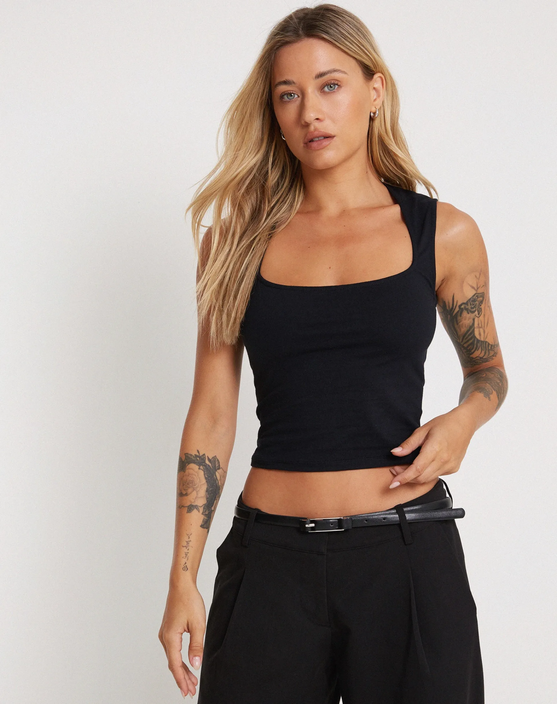Motel Rocks Basics | Basic Tops-Jinsu Crop Top in Lycra Black LycraBlack