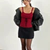 Motel Rocks Strappy Tops | Going Out Tops-Joanie Rib Cami Top in Red with Black Tie RedwithBlackTie