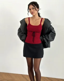 Motel Rocks Strappy Tops | Going Out Tops-Joanie Rib Cami Top in Red with Black Tie RedwithBlackTie
