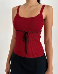 Motel Rocks Strappy Tops | Going Out Tops-Joanie Rib Cami Top in Red with Black Tie RedwithBlackTie